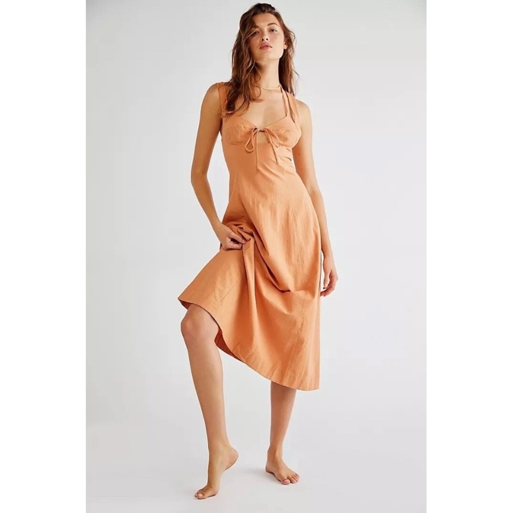 Free People Bibi Midi Dress Tie Front Strappy Smocked Button Cotton Orange S